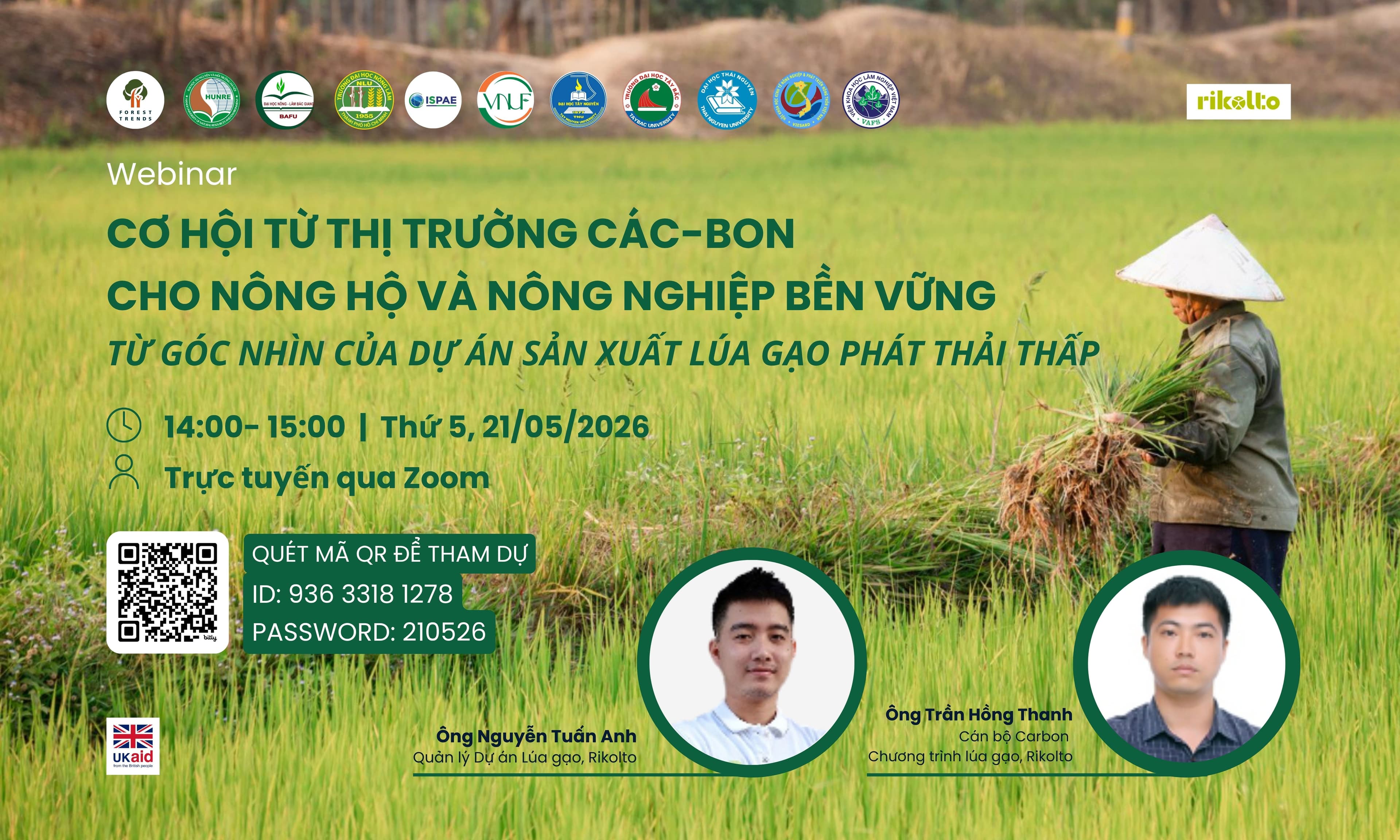 Webinar: Cơ hội từ thị trường các-bon cho nông hộ và nông nghiệp bền vững – Từ góc nhìn của dự án sản xuất lúa gạo phát thải thấp